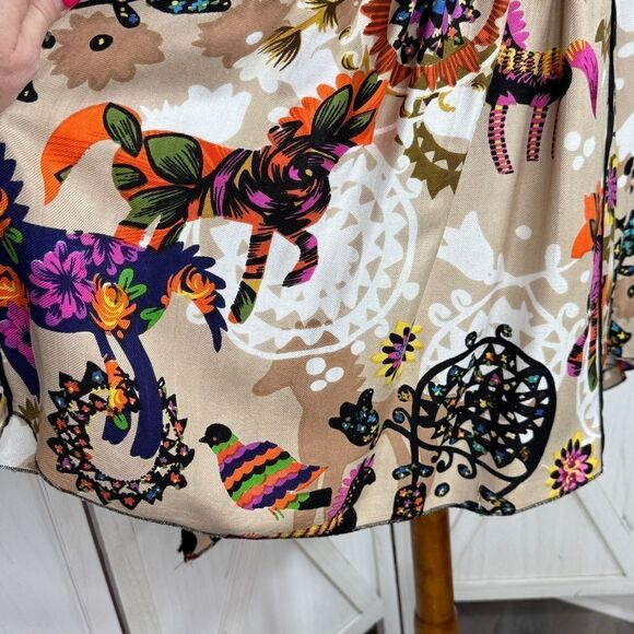 Mystery Mexican Print Smocked Top Bell Sleeve Tunic Shirt Tan Multi Medium - Picture 7 of 13